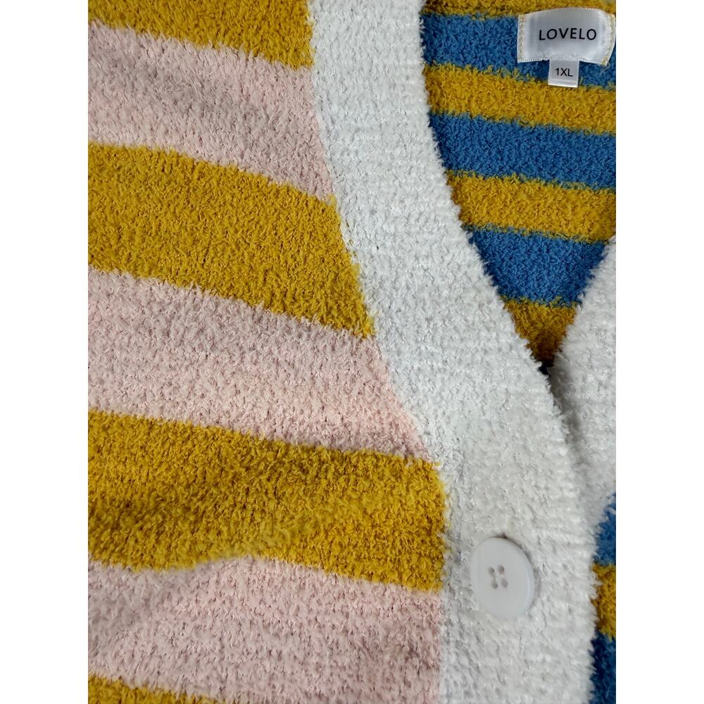 Lovelo Colorblock Striped Fuzzy Cardigan Sweater XL Pastel Blue Pink Yellow - Picture 5 of 10